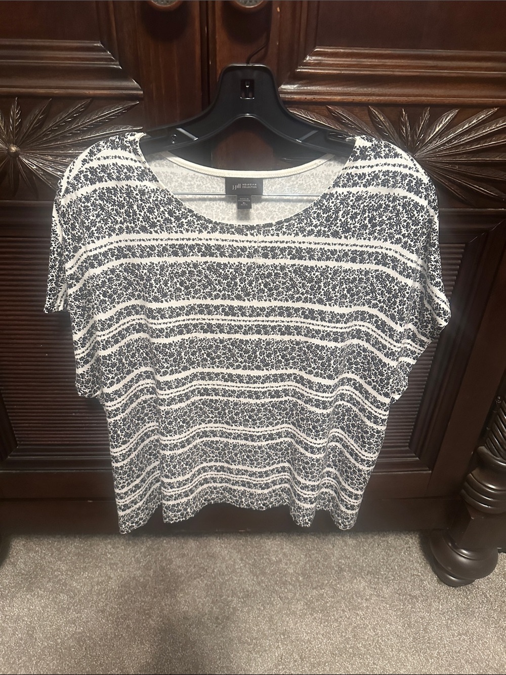 J. Jill White and Black Striped Floral Scoop Neck Top